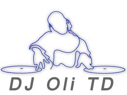 Strichzeichnung eines DJs mit zwei Plattenspielern. Text: "DJ Oli TD".