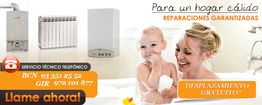 Madre y bebé, calderas, radiadores y texto sobre reparaciones garantizadas y servicio técnico.