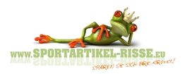Liegender Frosch mit Krone neben Text: "www.sportartikel-risse.eu - Sparen Sie sich Ihre Kräfte".
