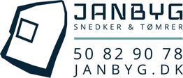 Logo for Janbyg: Snedker & tømrer med telefonnummer og hjemmeside janbyg.dk.
