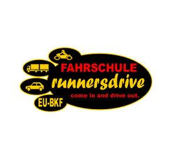 Fahrschule-Logo in schwarz-gelb mit LKW-, Auto- und Motorrad-Symbolen und Slogan "come in and drive out".