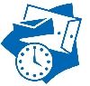 Uhr und Umschläge, symbolisieren Zeitmanagement und Kommunikation, in Blau gehalten.