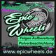 Epic Wheels Logo mit Felgenmotiv, Text zur Aufbereitung und Pulverbeschichtung, Website-Link.