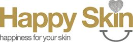 Happy Skin logo met tekst "happiness for your skin" en een vingerafdruk in de vorm van een hart.