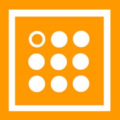 Oranje achtergrond met wit vierkant en negen stippen, één stip is open in de linkerbovenhoek.