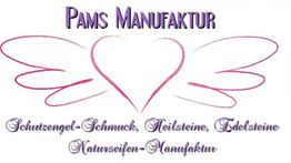 Aufschrift "Pams Manufaktur" mit Herz und Flügeln; Schutzengel-Schmuck, Edelsteine, Naturseifen.