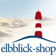 Logo mit rotem Leuchtturm und Schriftzug "elbblick-shop" vor sandigem Hintergrund.