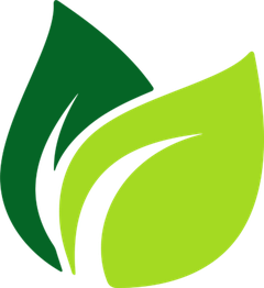 Zwei abstrahierte Blätter in Dunkelgrün und Hellgrün, die ein umweltfreundliches Symbol bilden.