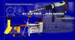 Elektronik-Werkzeuge und Gartentechnik von Elektro-Grundei vor blauem Hintergrund.