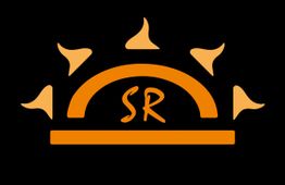 Schwarzer Hintergrund mit orangefarbenem Sonnenbogen und „SR“ in der Mitte.