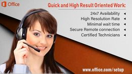 Woman with a headset promoting 24/7 tech support services and office setup information.