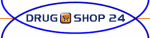 Ein Logo mit der Aufschrift "DRUG SHOP 24", umgeben von zwei blauen Ellipsen und einem orange Symbol.