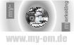 Schwarz-Weiß-Grafik mit dem Wort "online" in der Mitte und URL "www.my-om.de" darunter.