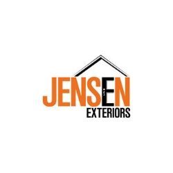 Logo of Jensen Exteriors with roof design above the text.