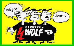 Drei Figuren mit Elektro-Wolf-Shirt, Sprechblasen "Halogen" und "Systeme", gelber Hintergrund.