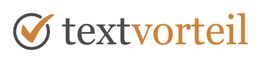 Logo mit Häkchen im Kreis und Text: "textvorteil" in Grau und Orange.