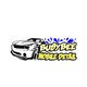 Illustrated car with "Busybee Mobile Detail" text, blue splash background.
