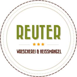 Logo: "Reuter Waescherei & Heissmangel" mit drei Sternen, umgeben von einem Kreismuster.