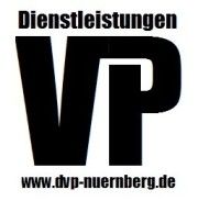 Schwarzes Logo "VP Dienstleistungen" mit Website www.dvp-nuernberg.de in schwarzer Schrift.