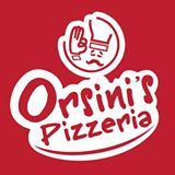 Logo de "Orsini's Pizzeria" en blanco sobre fondo rojo, con un chef dibujado arriba.