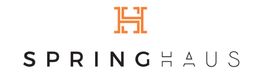 Orange "H" logo above the text "SPRING HAUS" in black and gray.