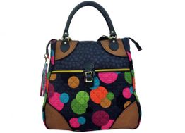 Bunte Handtasche mit abstraktem Kreisdesign und braunen Lederakzenten.