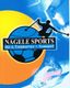 Sportplakat mit Skifahrer-Silhouette, Tennisball und Fußball. Text: "NÄGELE SPORTS".