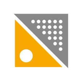 Logo abstrait avec triangle jaune et cercle blanc, triangle gris avec cercles blancs en motif.