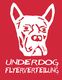Ein stilisierter Hundekopf auf rotem Hintergrund mit weißem Text: "Underdog, Flyer Verteilung".