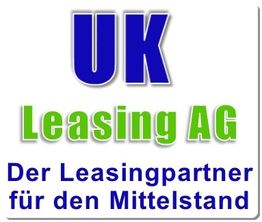 Text: "UK Leasing AG - Der Leasingpartner für den Mittelstand" in blauem und grünem Schriftzug.