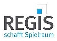 Logo mit Text "REGIS schafft Spielraum" und grafischem Element oben rechts.