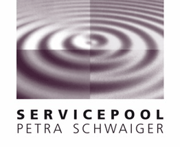 Logo mit Wasserwellen und Text: "SERVICEPOOL PETRA SCHWAIGER".