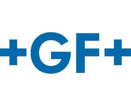 Logo azul de "+GF+" sobre fondo blanco.