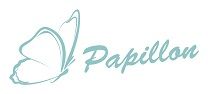 Schmetterlingsgrafik neben dem Wort "Papillon" in hellblauer Schrift auf weißem Hintergrund.