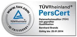 TÜV Rheinland Zertifikat für Datenschutzauditor, gültig bis 25.01.2014, mit ID 7511150561.