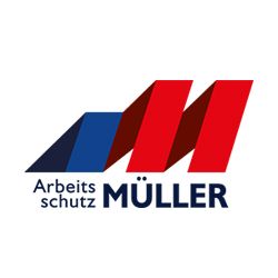 Logo mit blau-roten Streifen und Text: "Arbeitsschutz Müller".