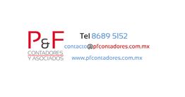 Logotipo de P&F Contadores con teléfono, correo y sitio web.