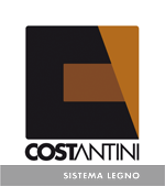 Logo di Costantini, con forme geometriche nere e marroni e testo "Sistema Legno".