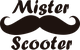 Logo "Mister Scooter" con bigote negro estilizado debajo del texto.