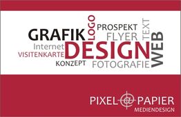 Textwolke mit Begriffen zu Design und Medien, darunter das Logo von "Pixel Papier Mediendesign".