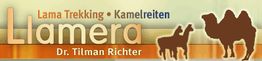 Banner mit Text: Lama Trekking, Kamelreiten. Silhouetten von Lamas und Kamelen.
