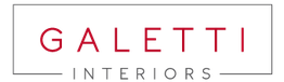 Logo di Galetti Interiors con testo in rosso e grigio su sfondo nero.