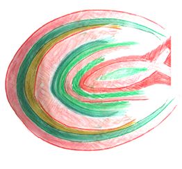 Abstrakte Zeichnung in Rot, Grün und Gelb mit geschwungenen Linien und einem ovalen Muster.