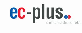 Logo mit Text "ec-plus" und Slogan "einfach.sicher.direkt." in Grau und Blau-Rot.
