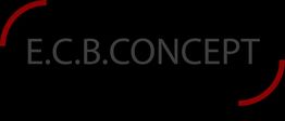 Texte "E.C.B. CONCEPT" en gris avec des arcs rouges sur fond noir.