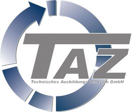 Logo von TAZ mit blauem Pfeilkreis und Text "Technisches Ausbildungs Zentrum GmbH".