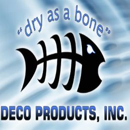 Fishbone logo with text "dry as a bone" and "DECO PRODUCTS, INC." on a blue background.