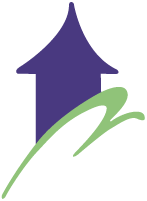 Pfeil nach oben in Lila mit einem grünen schwungvollen Akzent.