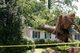 Fallen tree on house with exposed roots and caution tape.