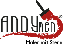 Logo mit stilisiertem Pinselstrich in Rot und schwarzem Schriftzug "ANDYmen".